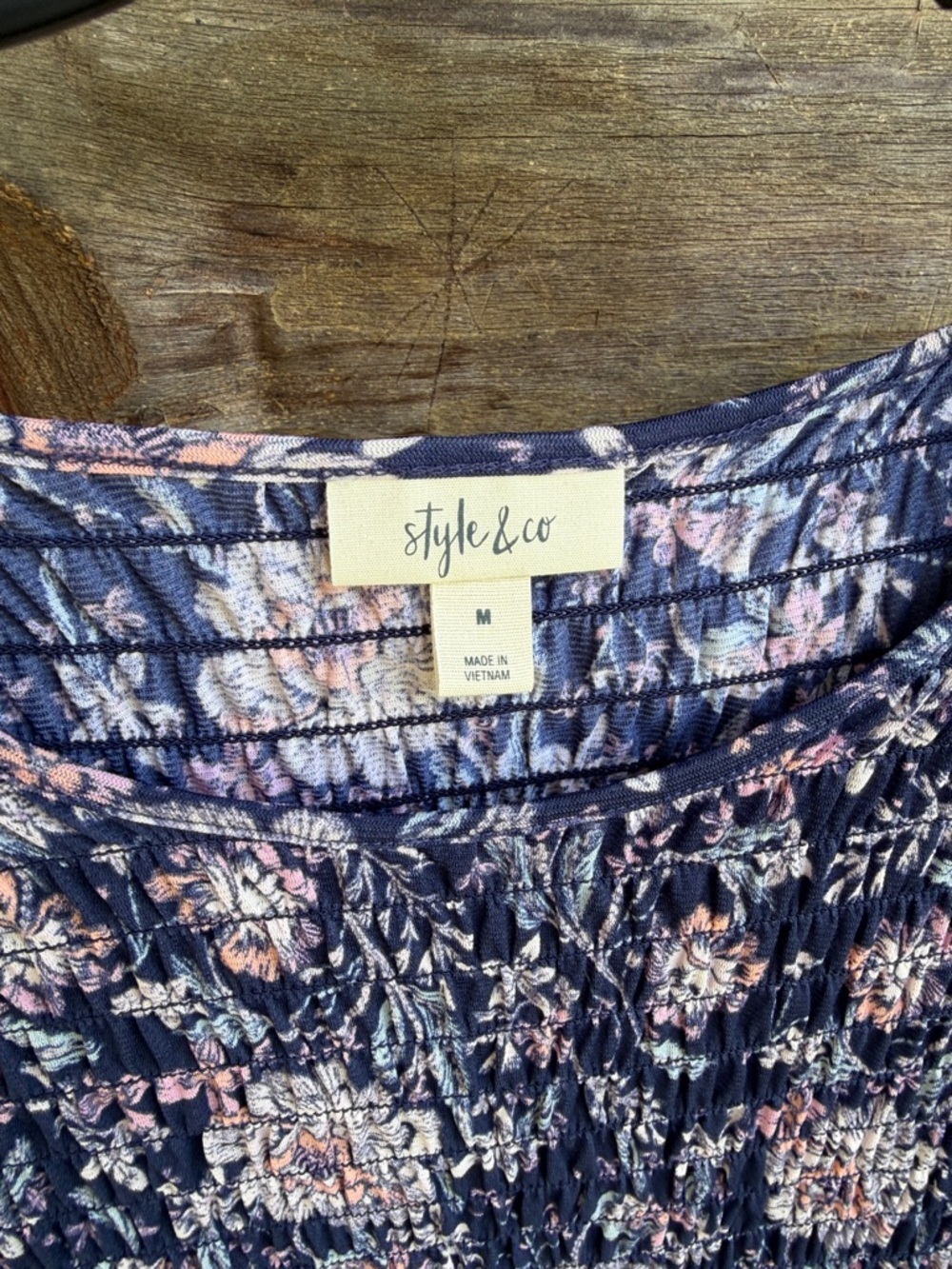 Style & Co. Navy Floral Smocked Peplum Top with Pink Accents - Picture 2 of 5